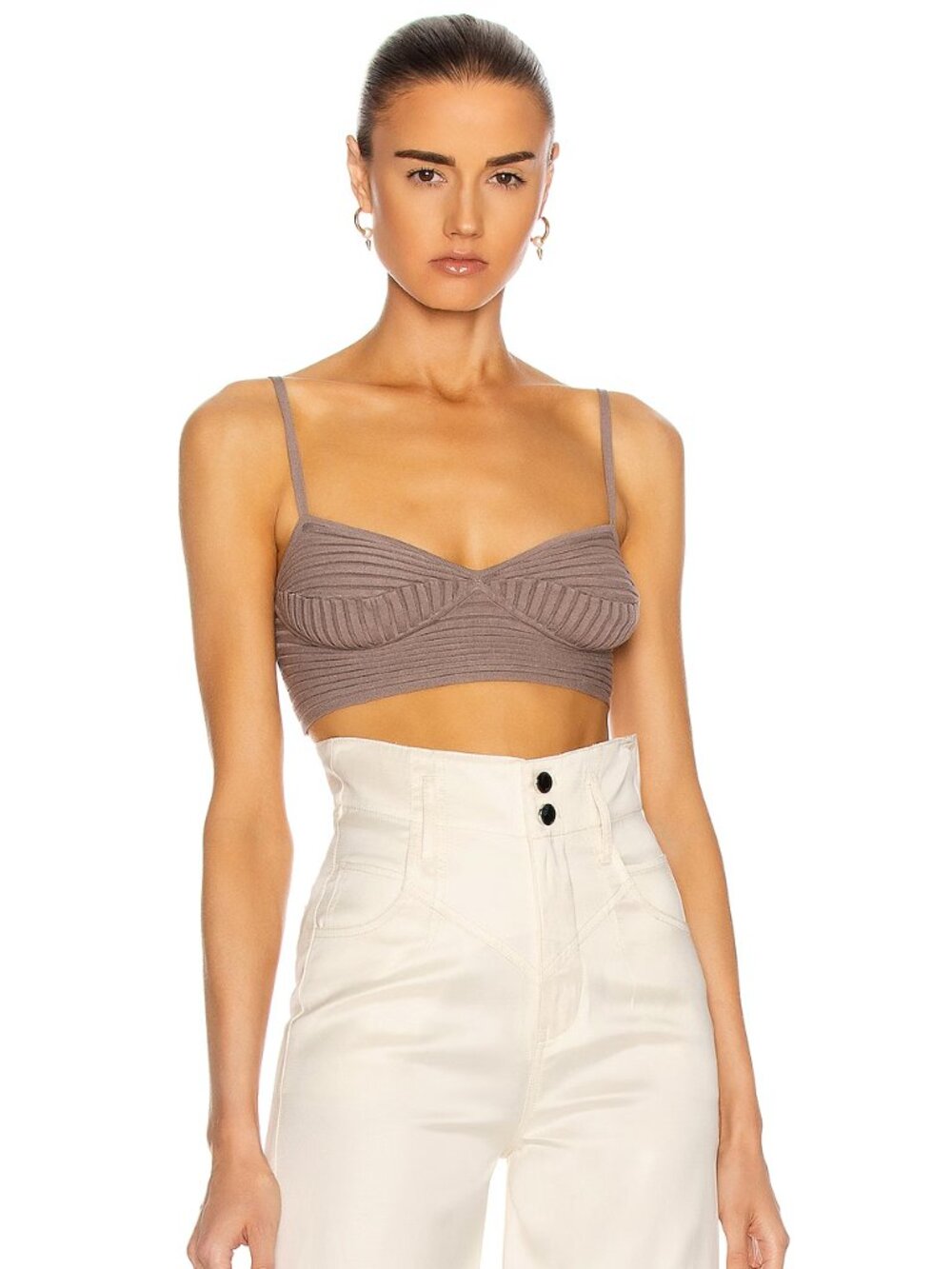NWT JONATHAN SIMKHAI Linden Taupe Ribbed Knit Longline Bralette Tank Top, Size S